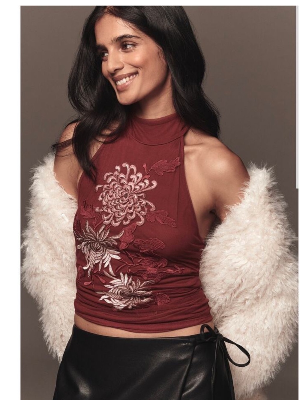 Anthropologie Sleeveless High-Neck Floral Embroidered Tank Top -burgundy